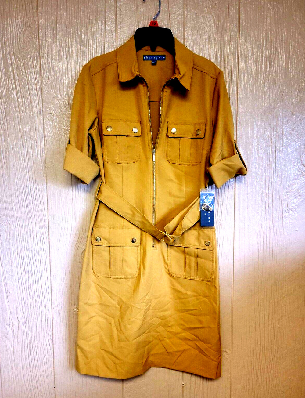 Sharagano NY Women's Belted Zip Front Dress Grooving Gold Size 4 with Pockets